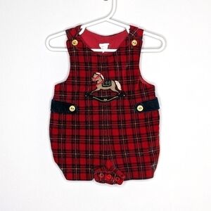 Vintage Velvet Rocking Horse Romper Plaid Christmas 6-9m